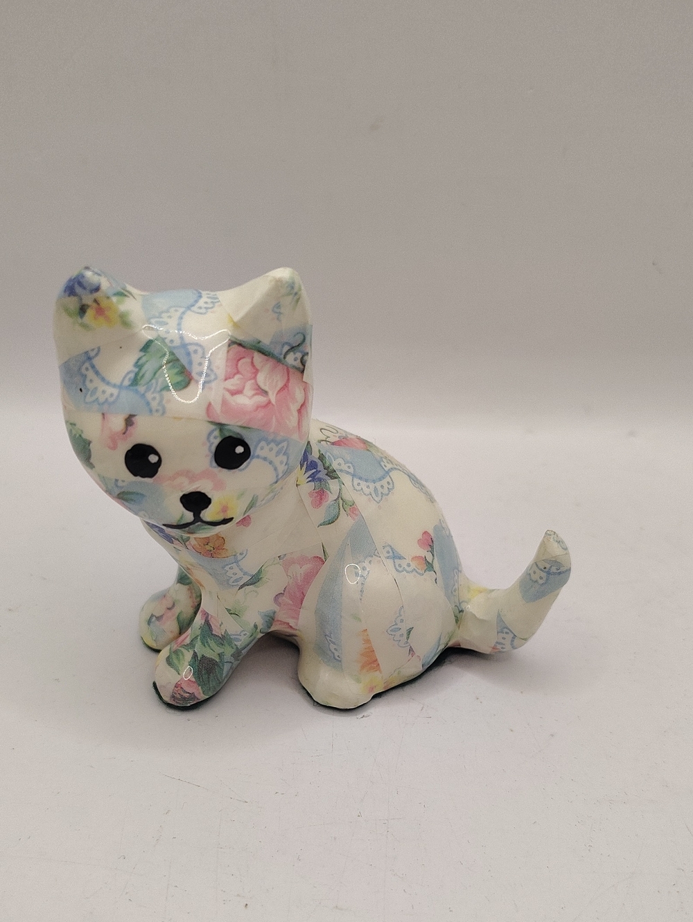 Vintage Decoupage Floral Pattern Ceramic Cat Figurine  Pastel Pink & Blue 3'